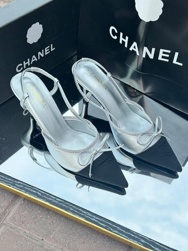 CHANEL Women Sling Sliver Pumps Chunky Heels